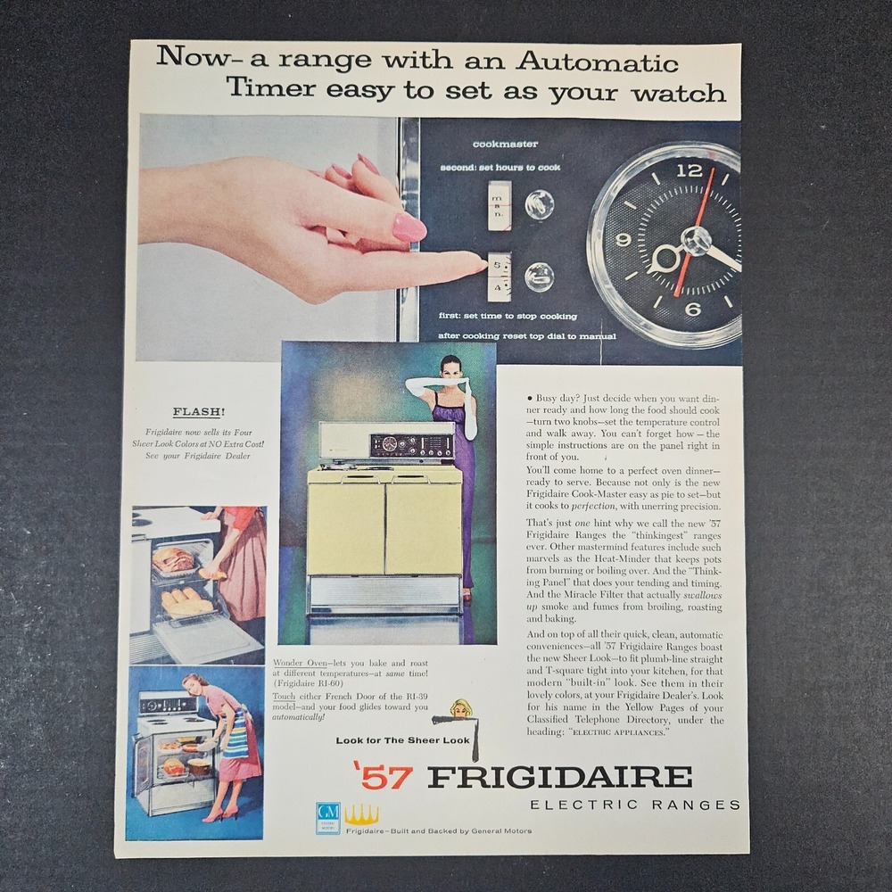1957 Frigidaire Electric Ranges Vintage Print Ad GM General Motors Sheer‎ Look